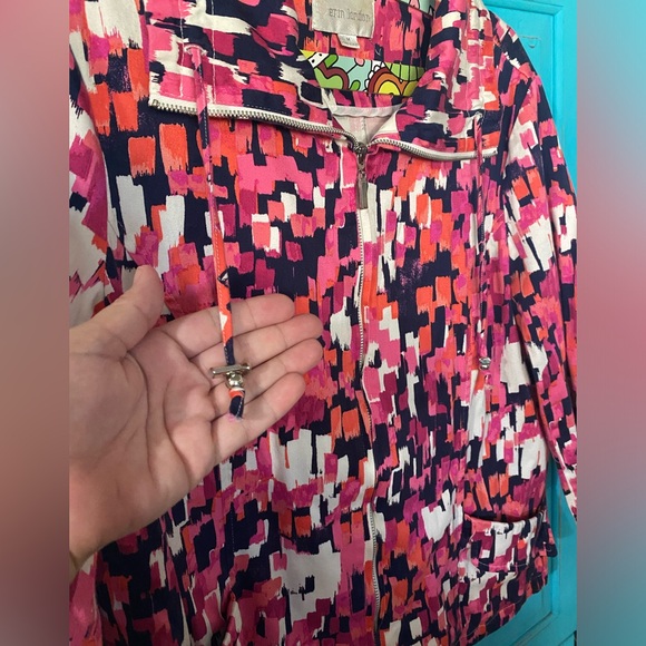 Cotton Stretch Jacket Pockets Statement Collar Zip Designer Pink Blue Print - Picture 3 of 15